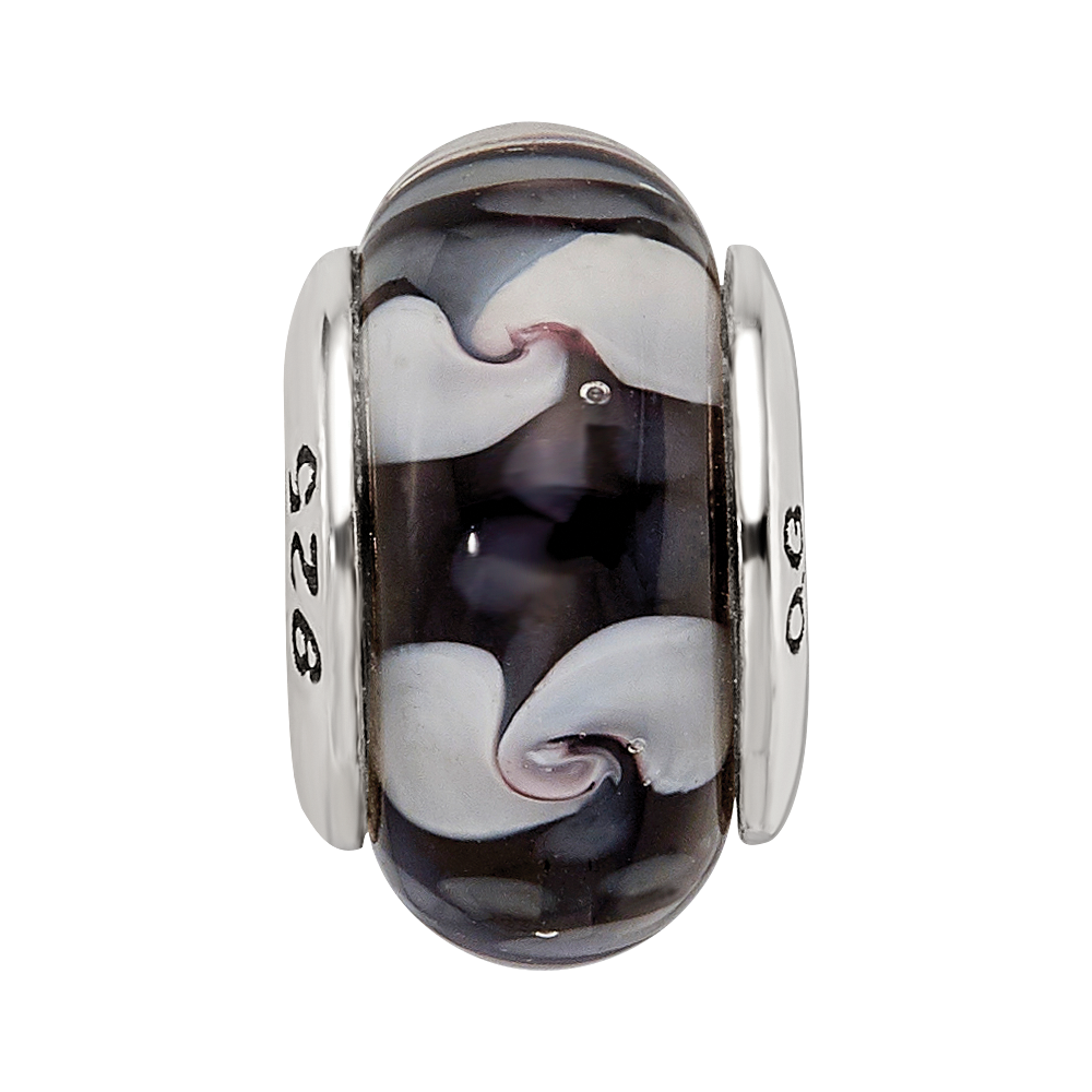 Sterling Silver Reflections Black/White Hand-blown Glass Bead