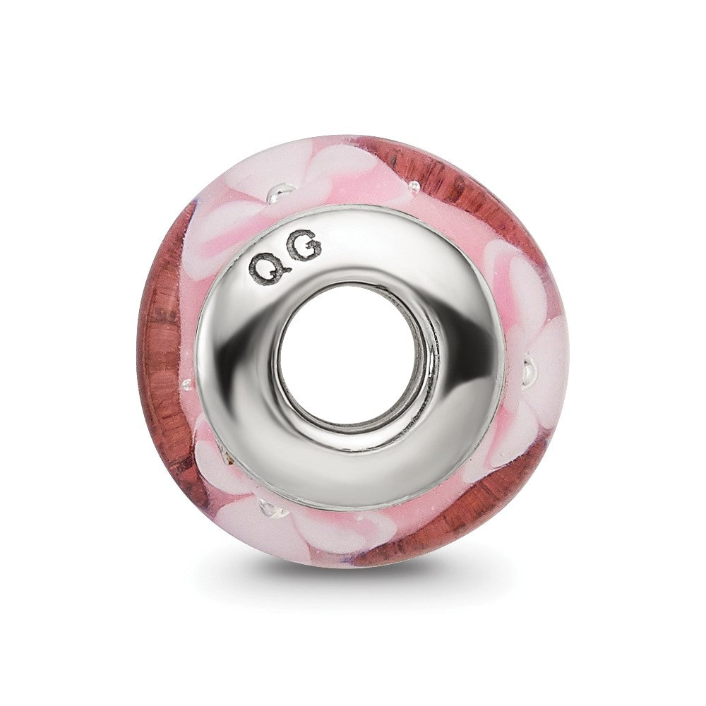 Kids Collection Sterling Silver Hand-blown Pink with Floral Pattern Glass Reflections Bead