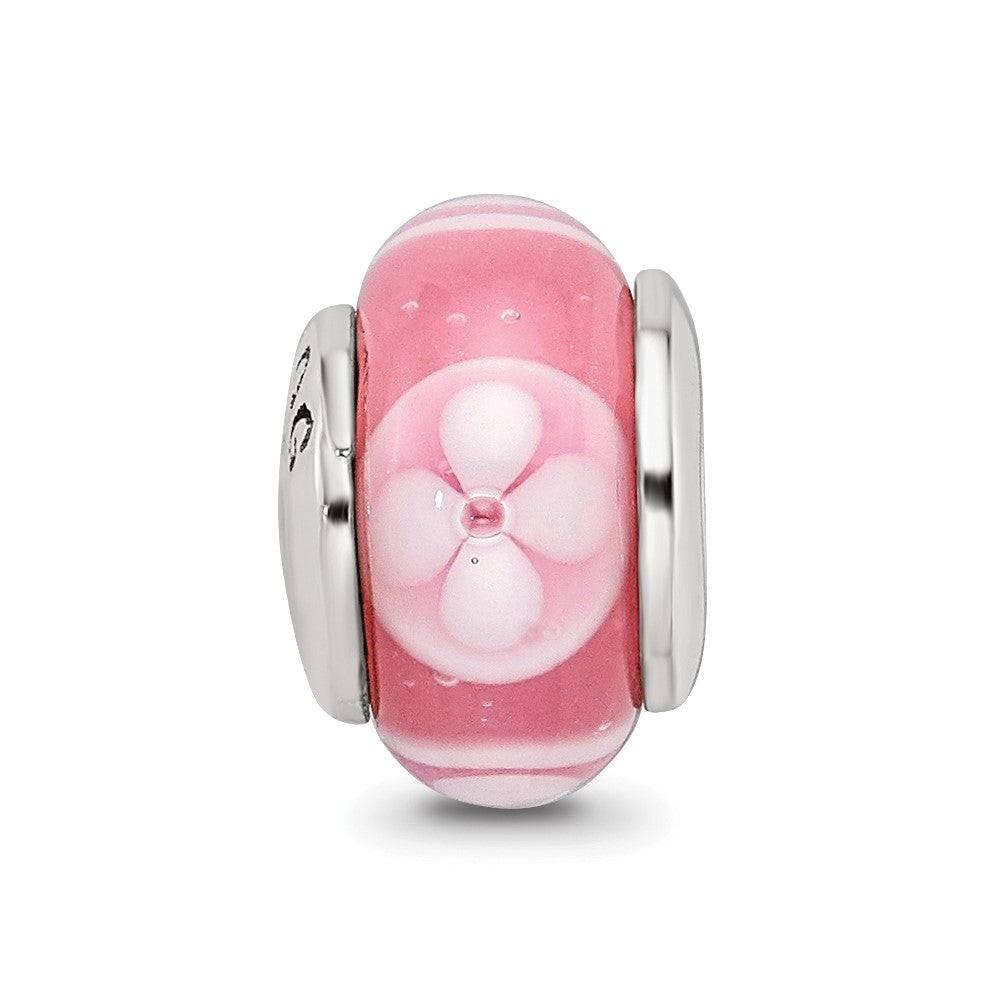 Kids Collection Sterling Silver Hand-blown Pink with Floral Pattern Glass Reflections Bead