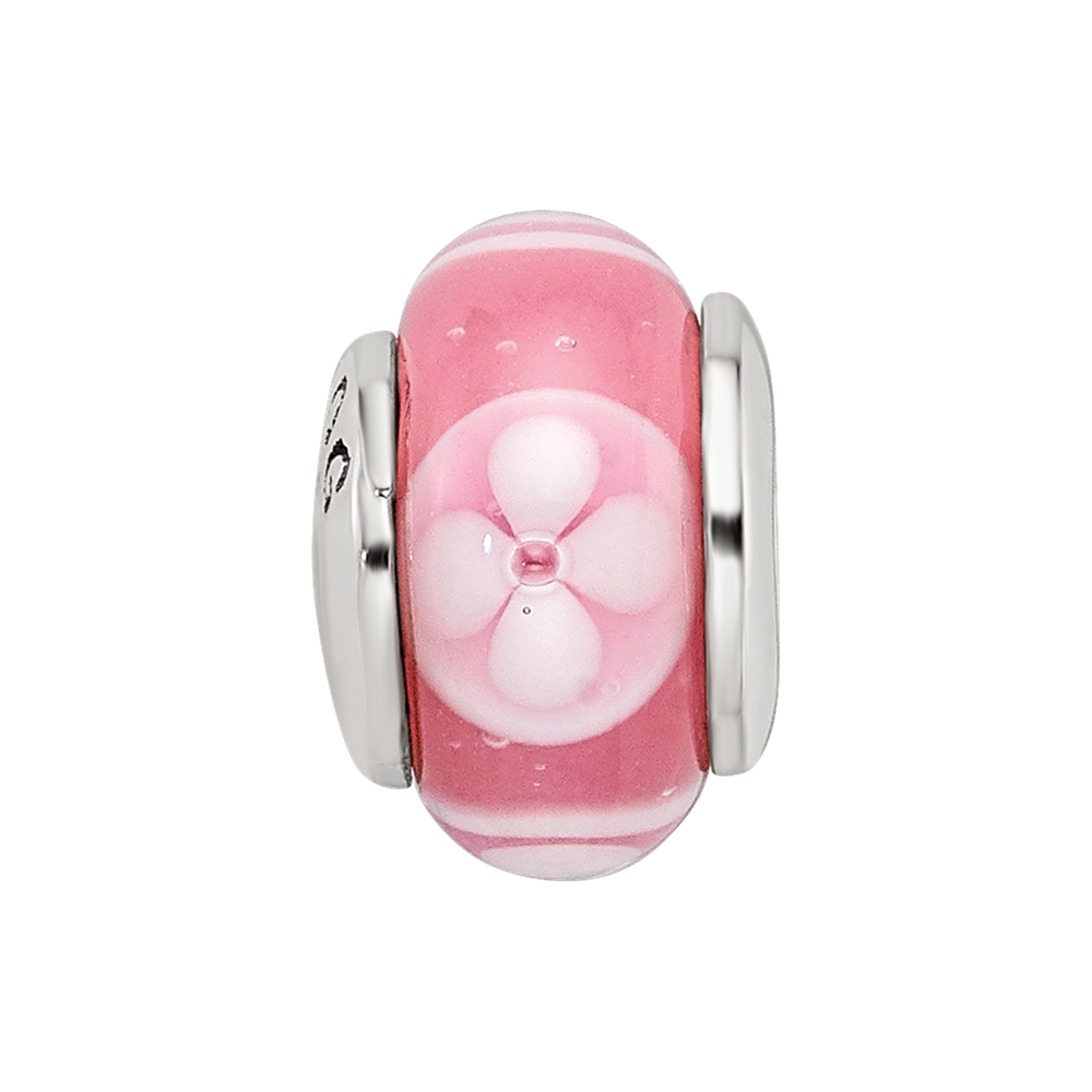 Kids Collection Sterling Silver Hand-blown Pink with Floral Pattern Glass Reflections Bead