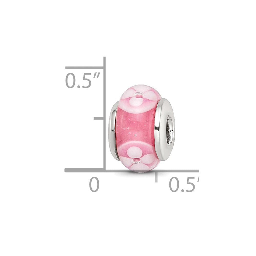 Kids Collection Sterling Silver Hand-blown Pink with Floral Pattern Glass Reflections Bead