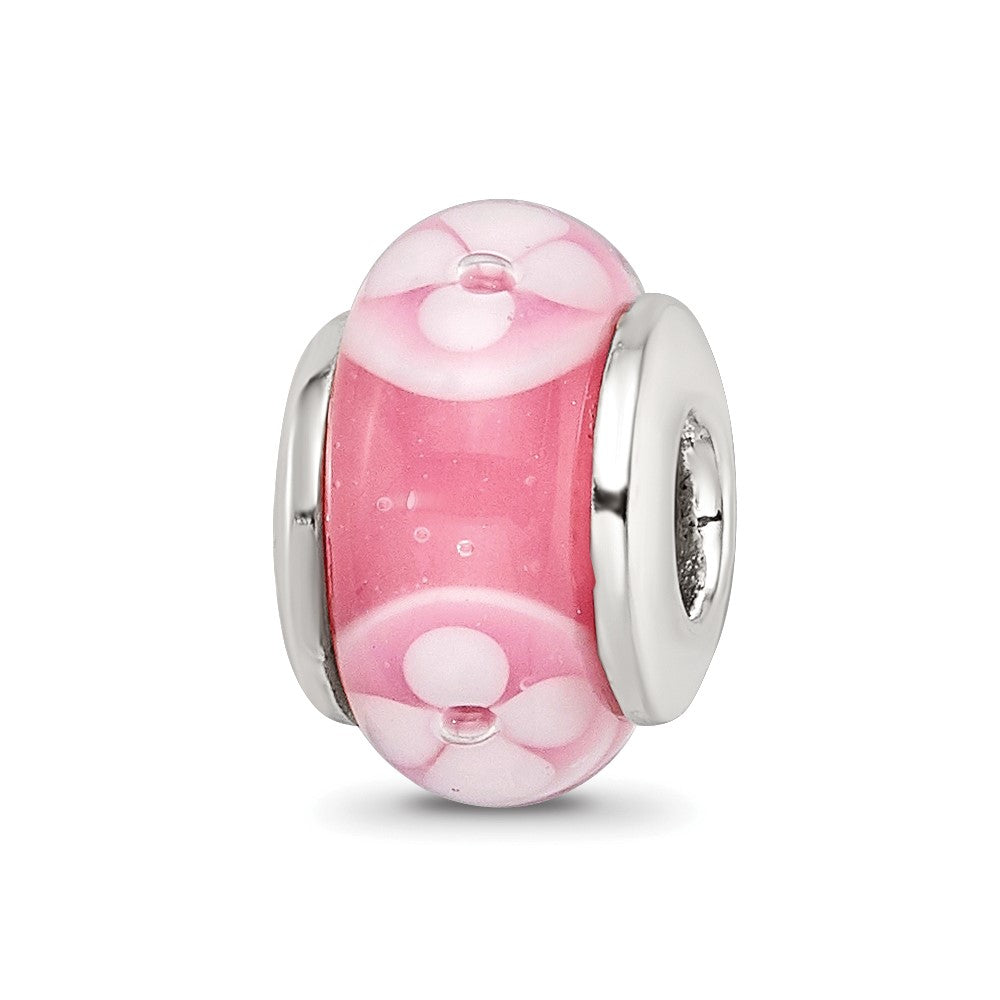 Kids Collection Sterling Silver Hand-blown Pink with Floral Pattern Glass Reflections Bead