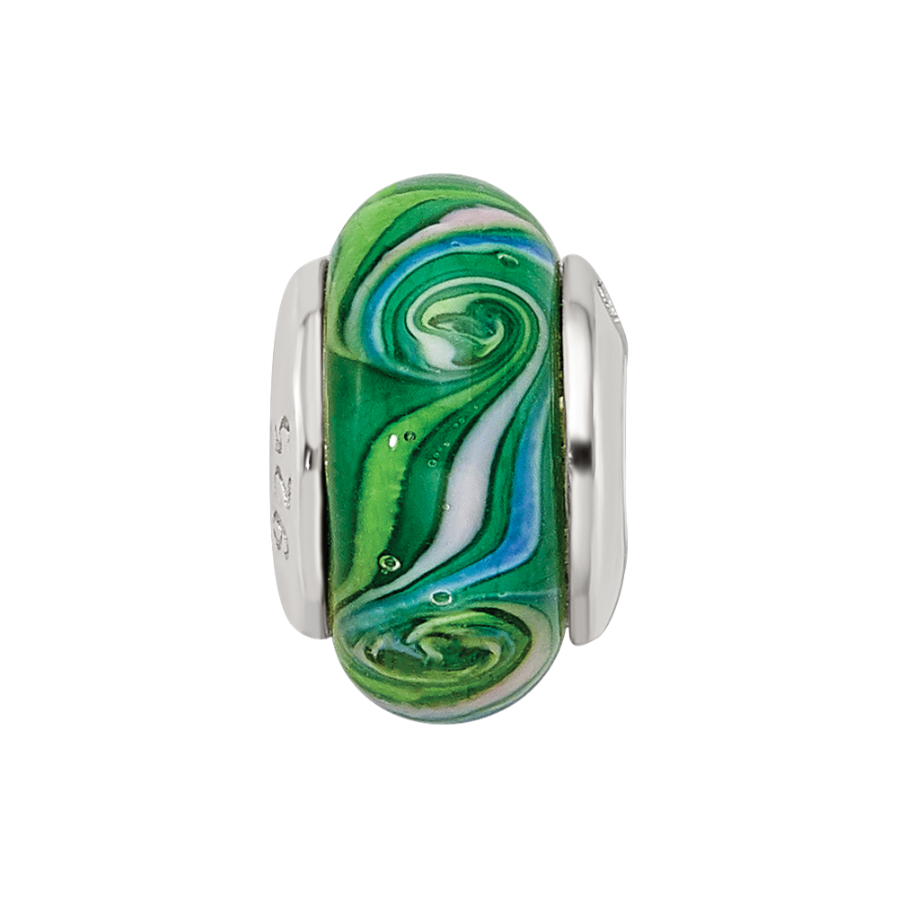 Sterling Silver Reflections Kids Green Hand-blown Glass Bead