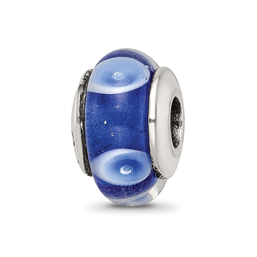 Kids Collection Sterling Silver Hand-blown Blue with White Dots Pattern Glass Reflections Bead