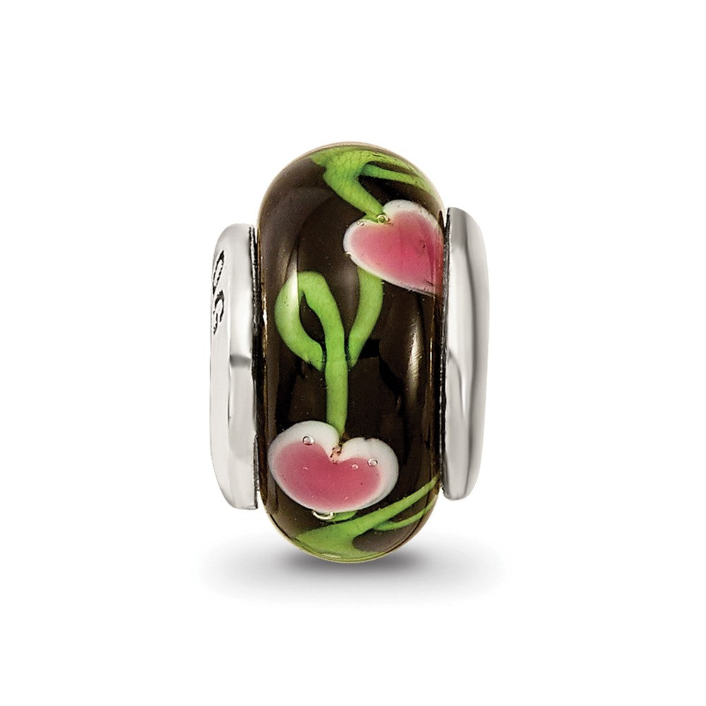 Kids Collection Sterling Silver Hand-blown Black with Floral Pattern Glass Reflections Bead