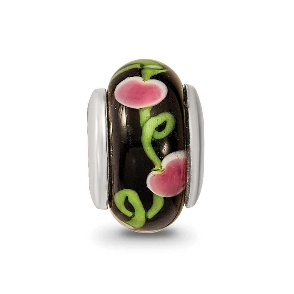 Kids Collection Sterling Silver Hand-blown Black with Floral Pattern Glass Reflections Bead