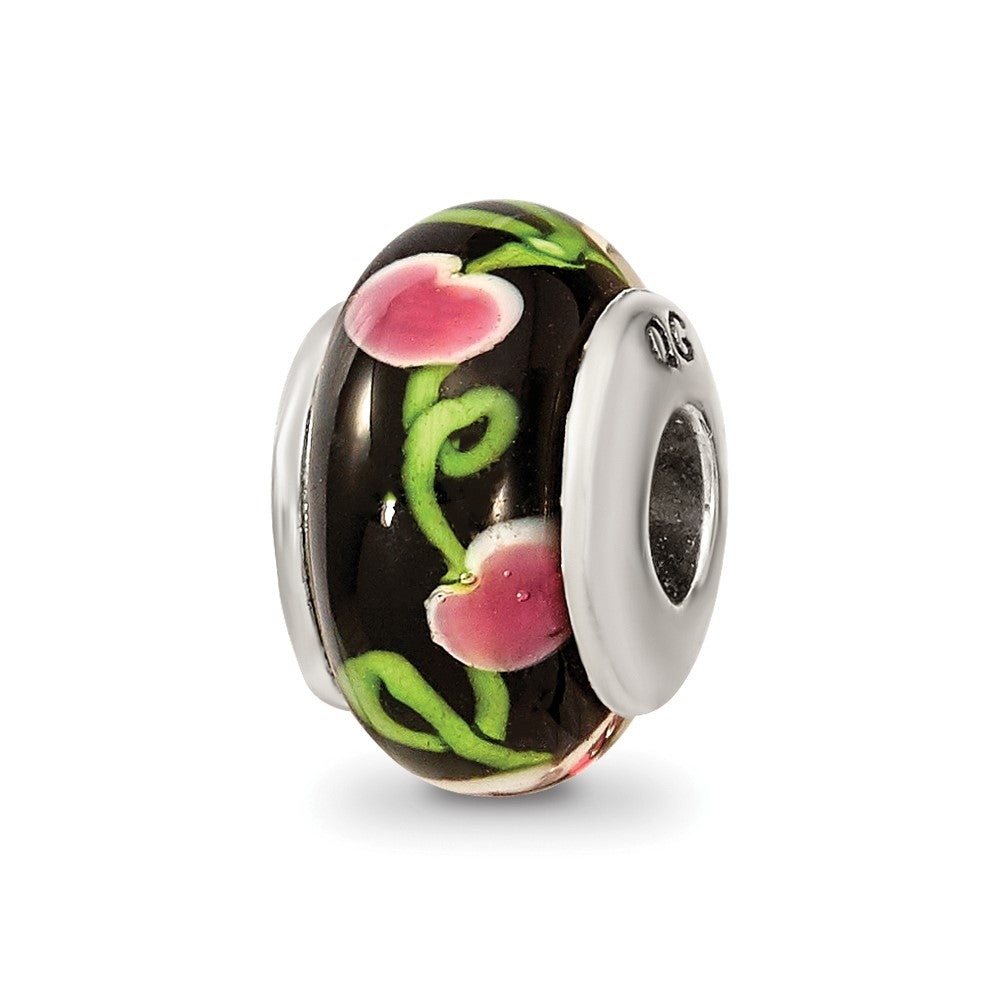 Kids Collection Sterling Silver Hand-blown Black with Floral Pattern Glass Reflections Bead