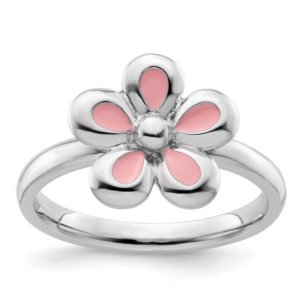 Sterling Silver Stackable Expressions Polished Pink Enameled Flower Ring