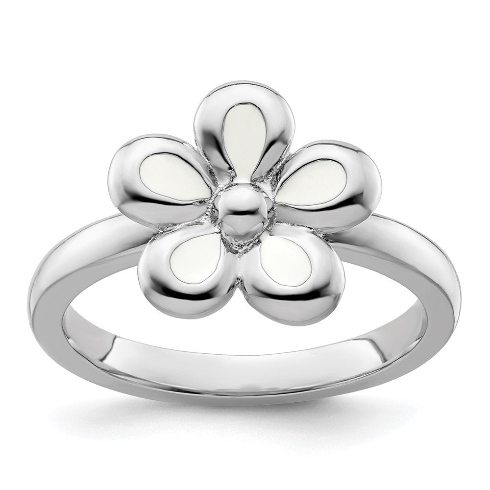 Sterling Silver Stackable Expressions Polished White Enameled Flower Ring