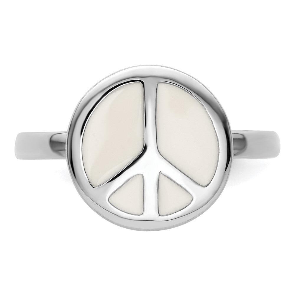 SS Stackable Expressions Polished White Enameled Peace Sign Ring