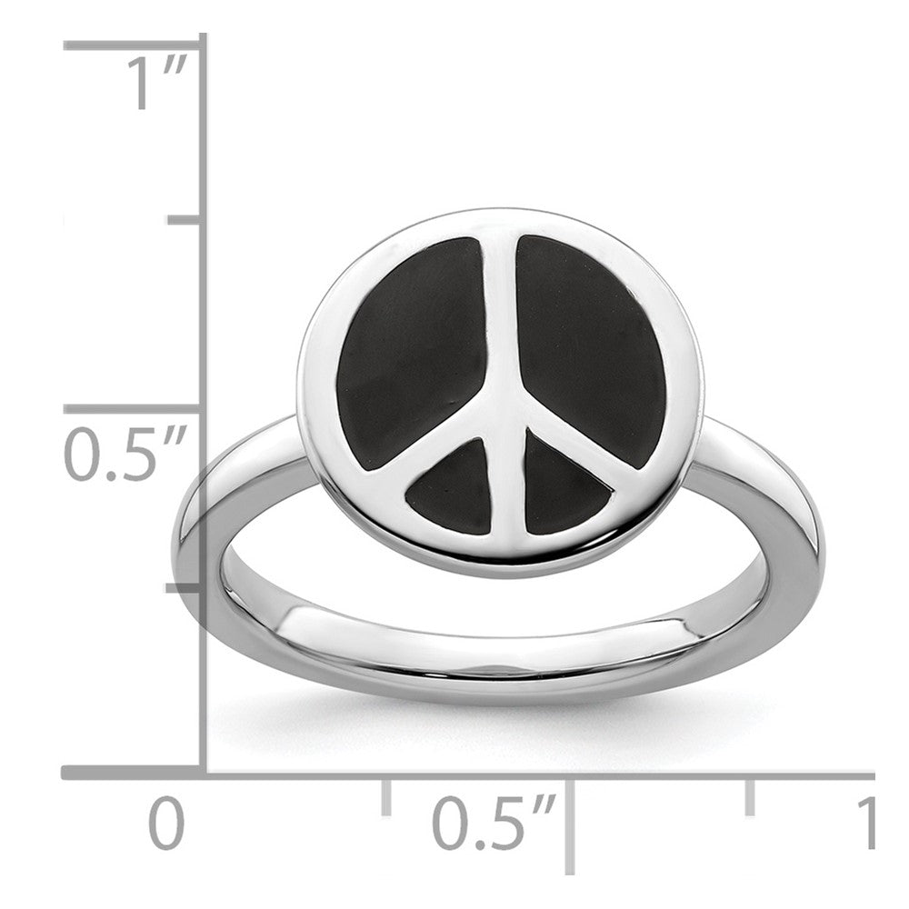 SS Stackable Expressions Polished Black Enameled Peace Sign Ring