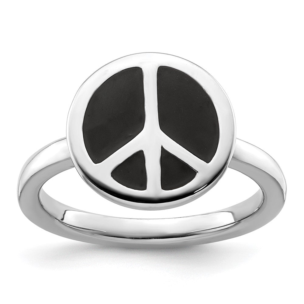 SS Stackable Expressions Polished Black Enameled Peace Sign Ring