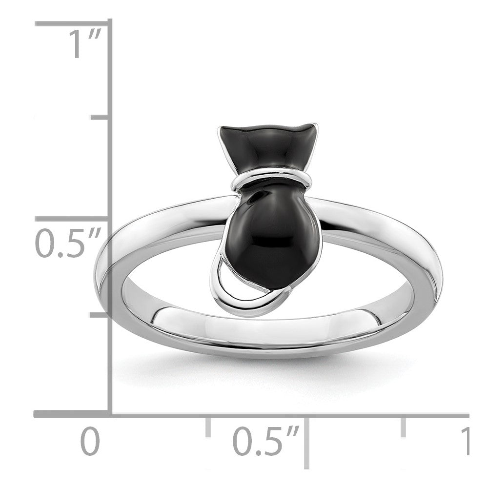 Sterling Silver Stackable Expressions Polished Black Enameled Cat Ring