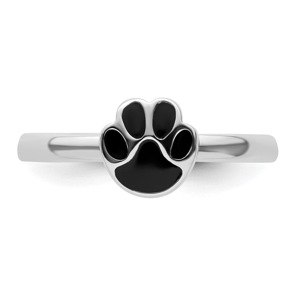 Sterling Silver Stackable Expressions Black Enamel Pawprint Ring