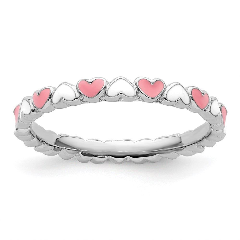 Sterling Silver Stackable Expressions Pink & White Enamel Heart Ring