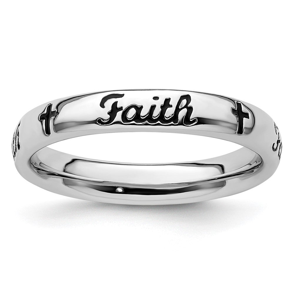 Sterling Silver Stackable Expressions Black Enamel Faith Ring