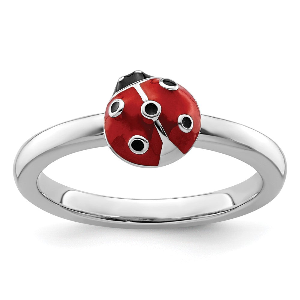 Sterling Silver Stackable Expressions Red/Black Enamel Ladybug Ring