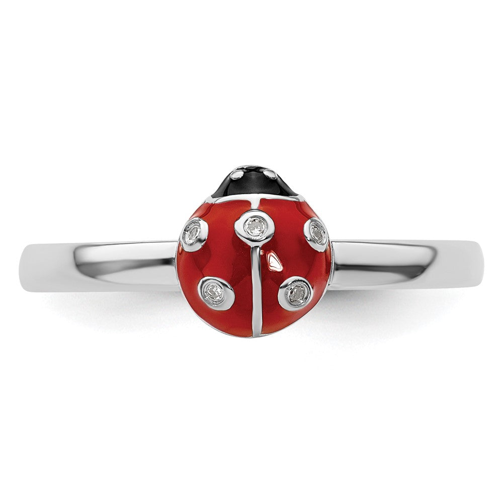 Sterling Silver Stackable Expressions Red /Blk Enamel Ladybug w/Diamond Rin