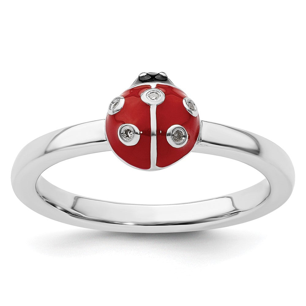 Sterling Silver Stackable Expressions Red /Blk Enamel Ladybug w/Diamond Rin