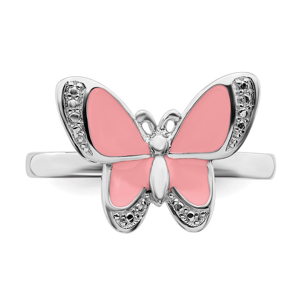 Sterling Silver Stackable Expressions Pink Enamel Butterfly Ring