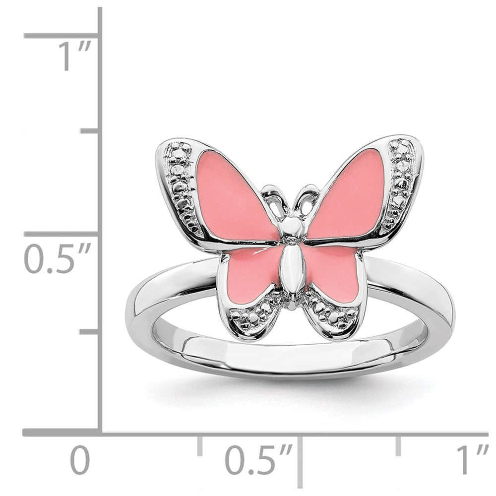 Sterling Silver Stackable Expressions Pink Enamel Butterfly Ring