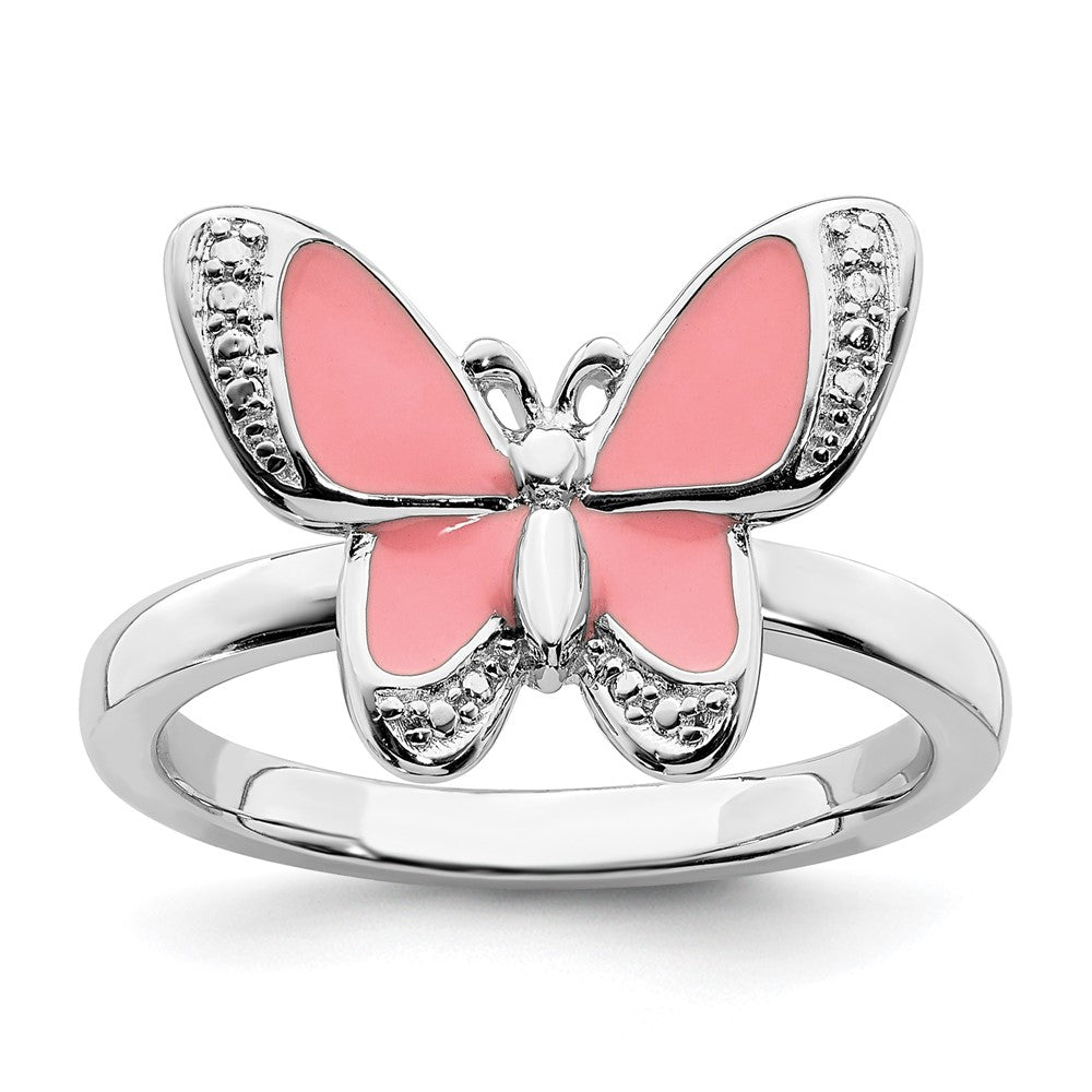 Sterling Silver Stackable Expressions Pink Enamel Butterfly Ring