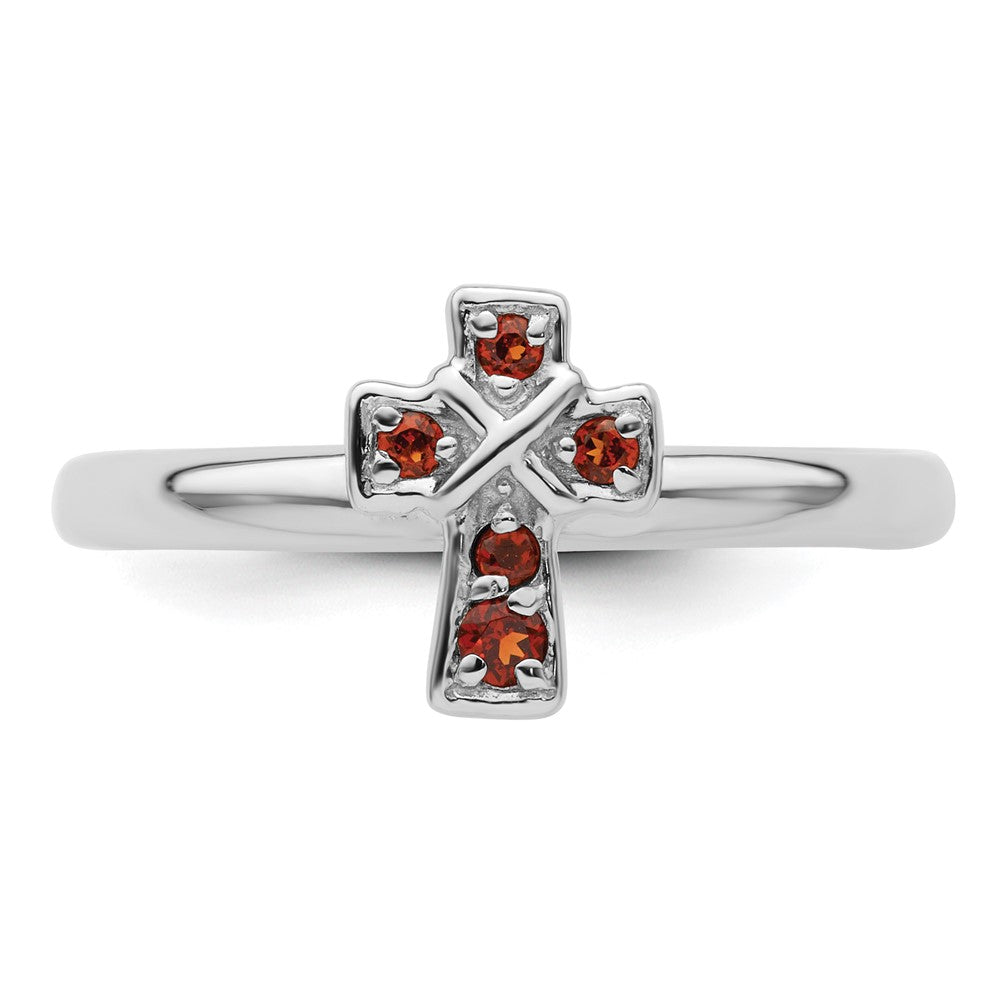 Sterling Silver Stackable Expressions Rhodium Garnet Cross Ring