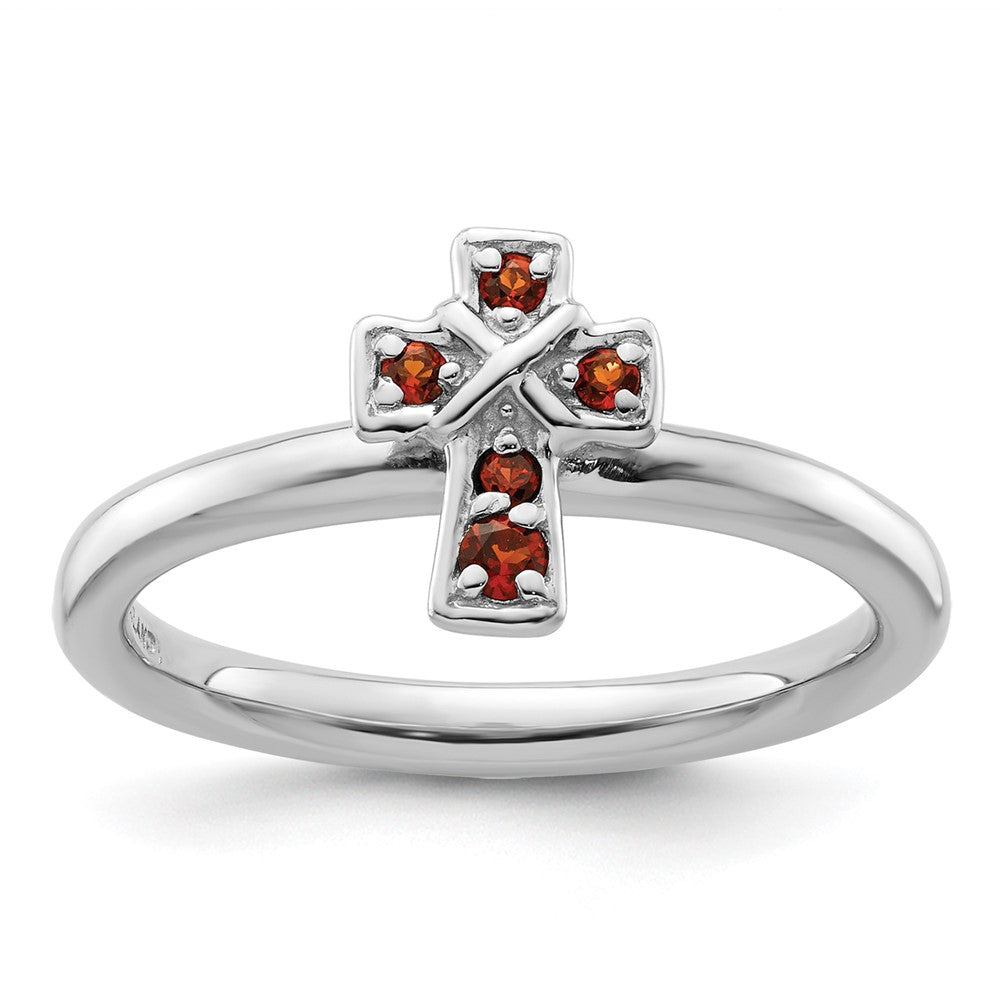 Sterling Silver Stackable Expressions Rhodium Garnet Cross Ring