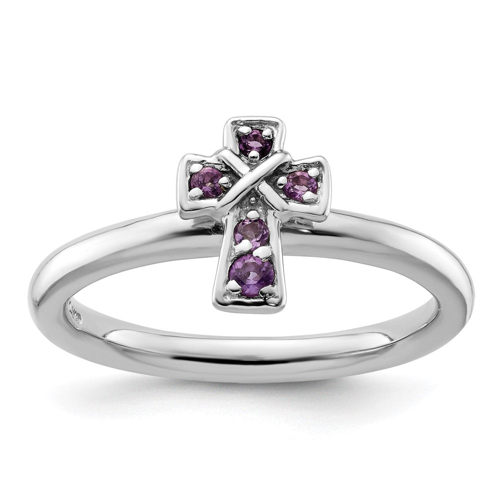 Sterling Silver Stackable Expressions Rhodium Amethyst Cross Ring