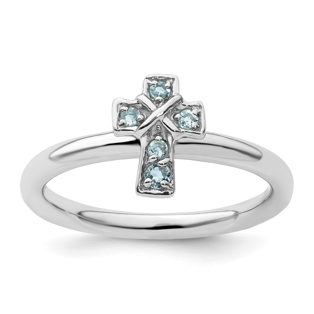 Sterling Silver Stackable Expressions Rhodium Aquamarine Cross Ring