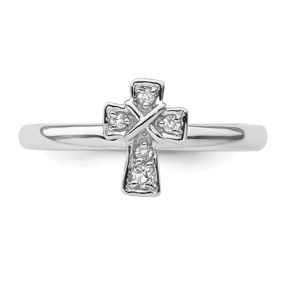 Sterling Silver Stackable Expressions Rhodium White Topaz Cross Ring