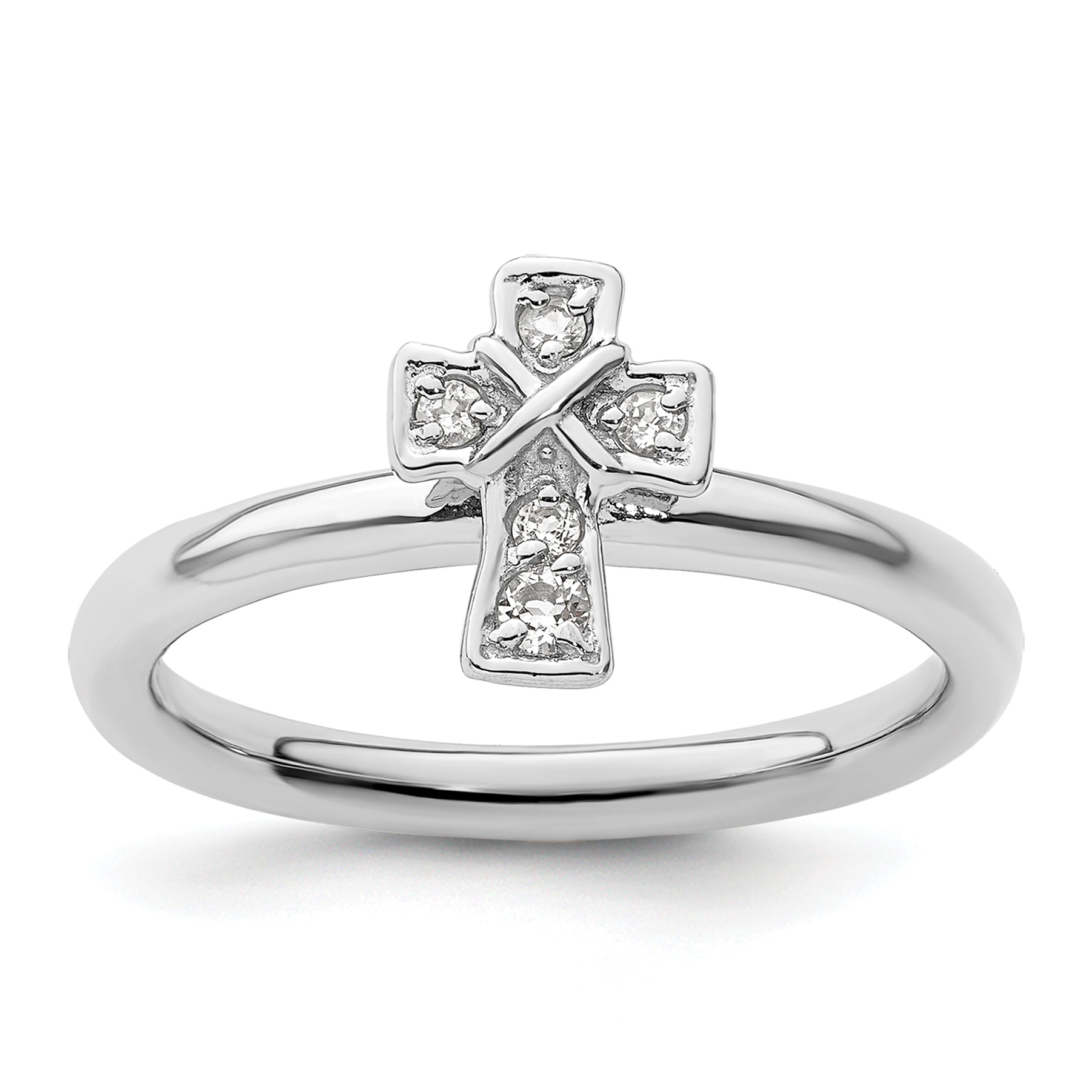 Sterling Silver Stackable Expressions Rhodium White Topaz Cross Ring