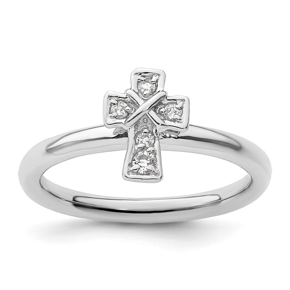 Sterling Silver Stackable Expressions Rhodium White Topaz Cross Ring