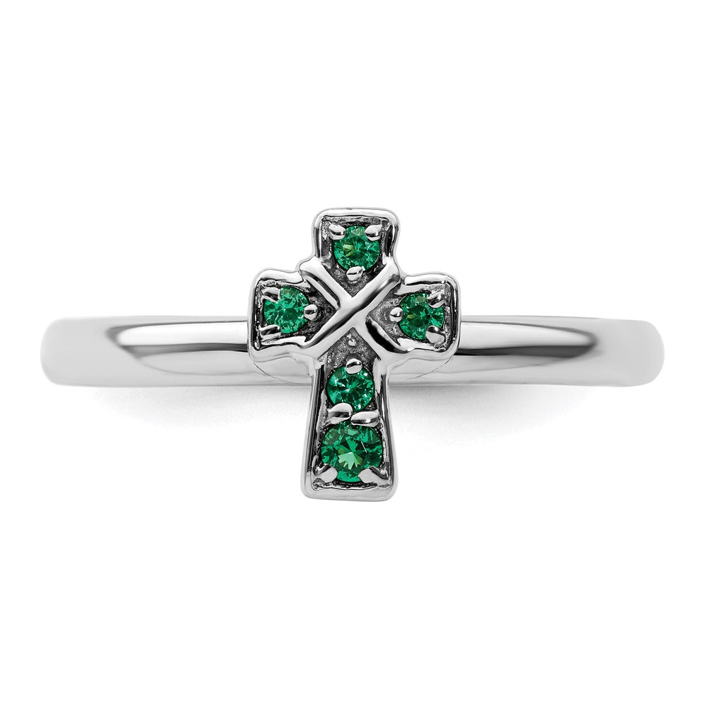 Sterling Silver Stackable Expressions Rhodium Created Emerald Cross Ring