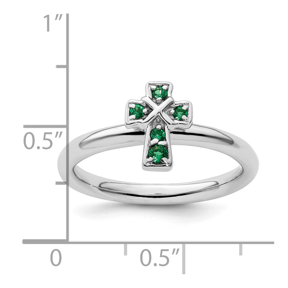 Sterling Silver Stackable Expressions Rhodium Created Emerald Cross Ring