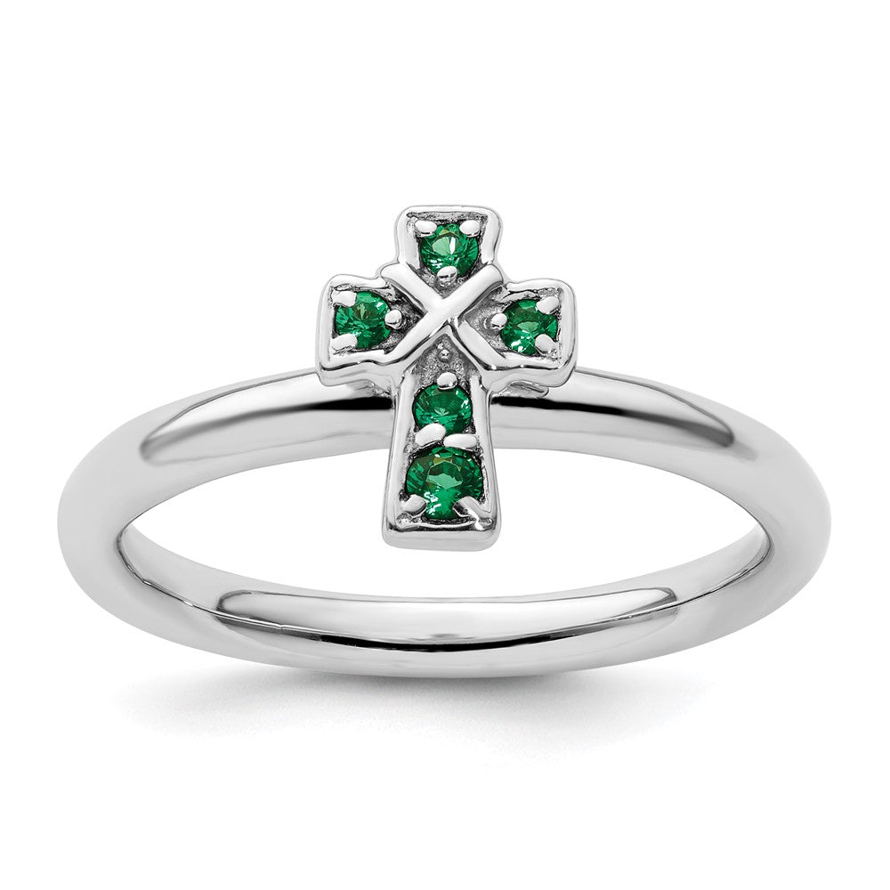 Sterling Silver Stackable Expressions Rhodium Created Emerald Cross Ring