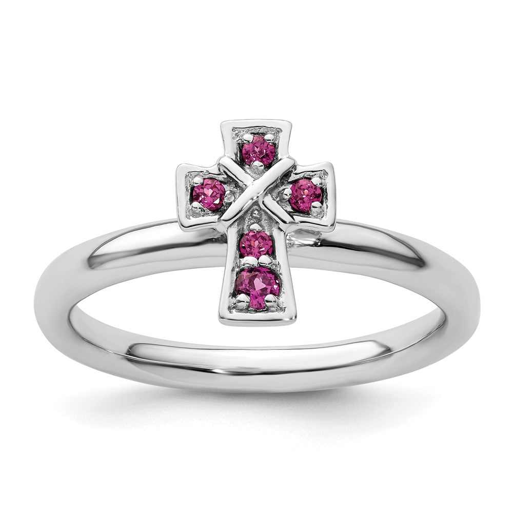 Sterling Silver Stackable Expressions Rhodium Rhodolite Garnet Cross Ring