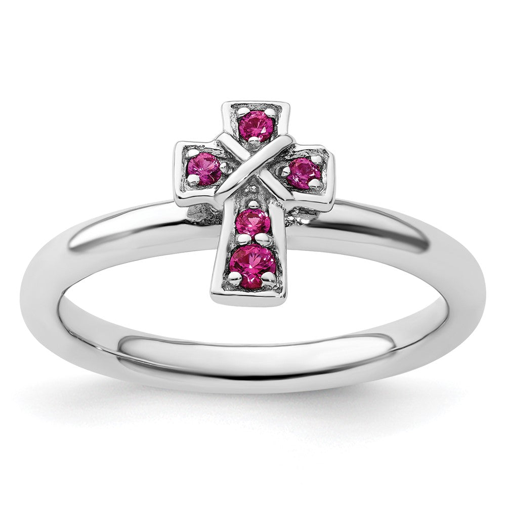 Sterling Silver Stackable Expressions Rhodium Created Ruby Cross Ring