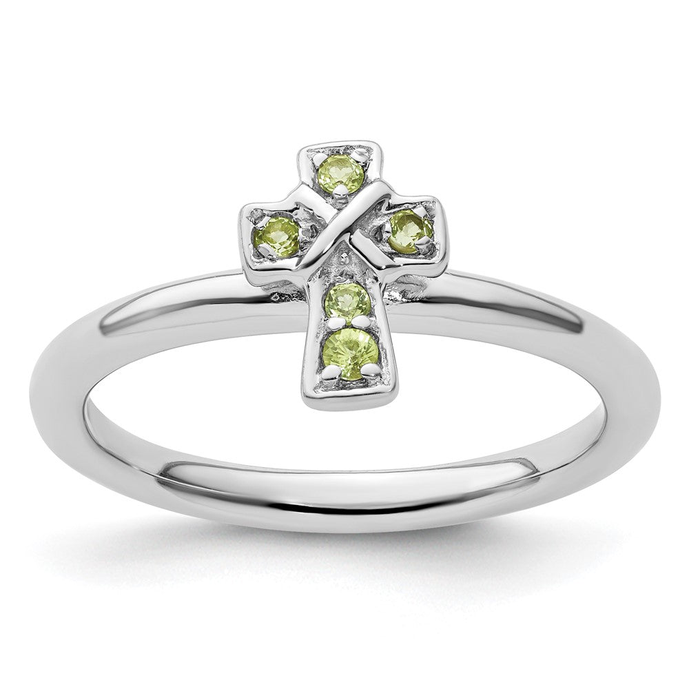 Sterling Silver Stackable Expressions Rhodium Peridot Cross Ring