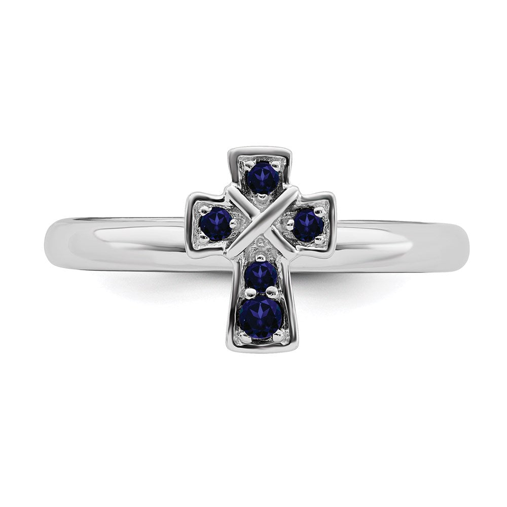 Sterling Silver Stackable Expressions Rhodium Created Sapphire Cross Ring