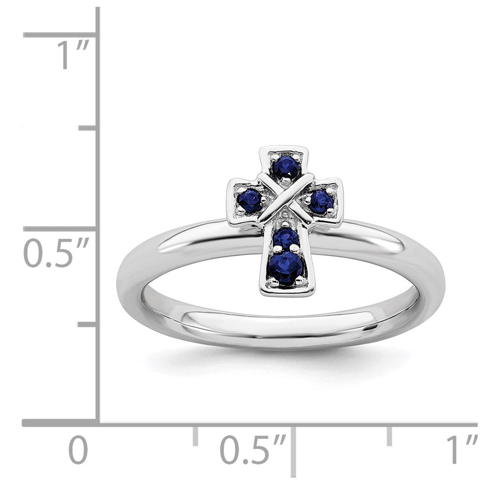 Sterling Silver Stackable Expressions Rhodium Created Sapphire Cross Ring