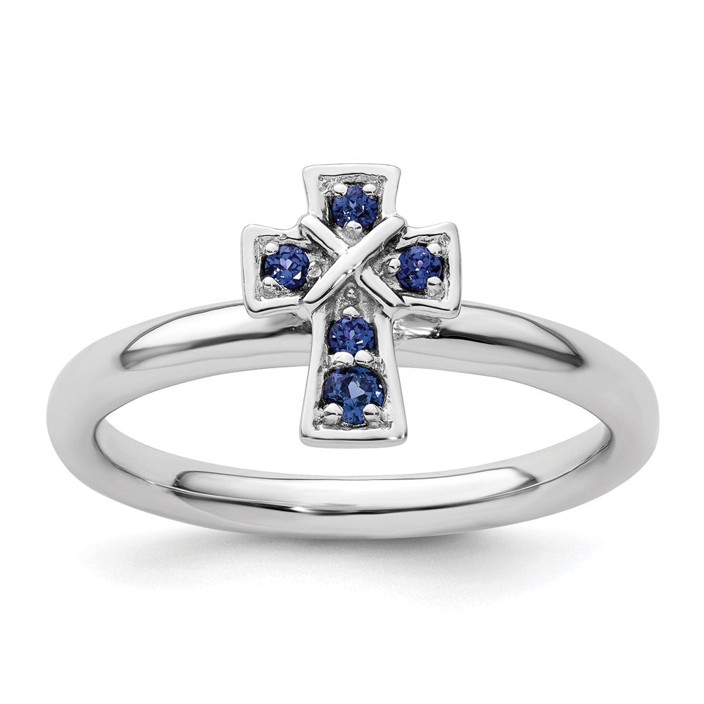 Sterling Silver Stackable Expressions Rhodium Created Sapphire Cross Ring