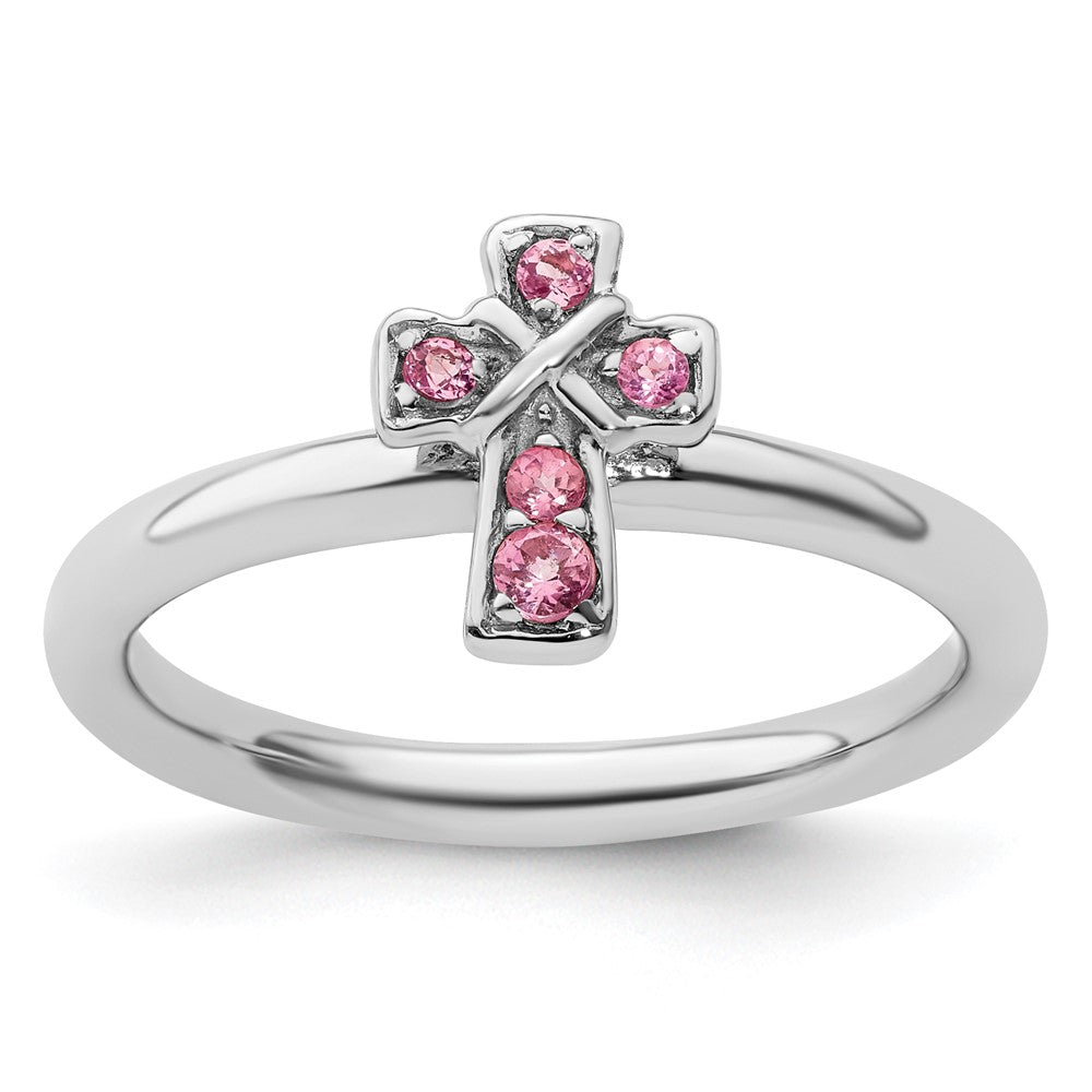 Sterling Silver Stackable Expressions Rhodium Pink Tourmaline Cross Ring