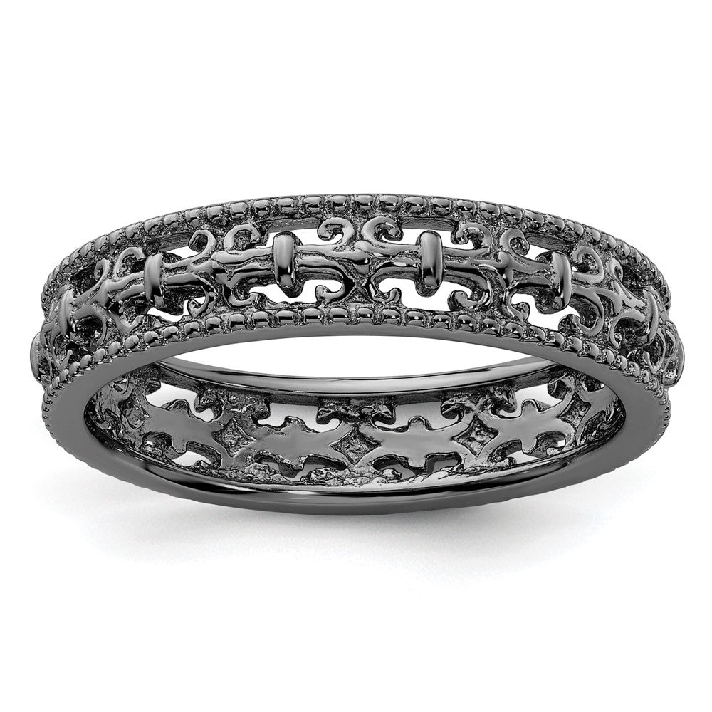 Sterling Silver Stackable Expressions Black-plated Carved Band