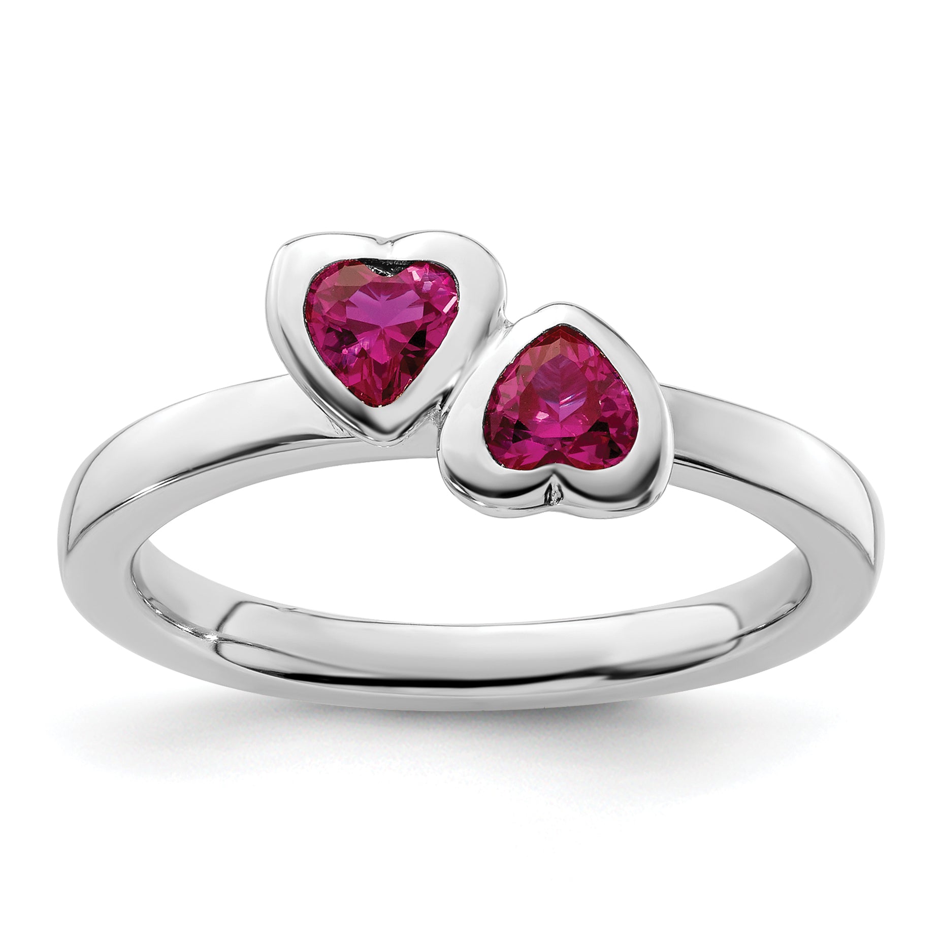 Sterling Silver Stackable Expressions Cr. Ruby Double Heart Ring