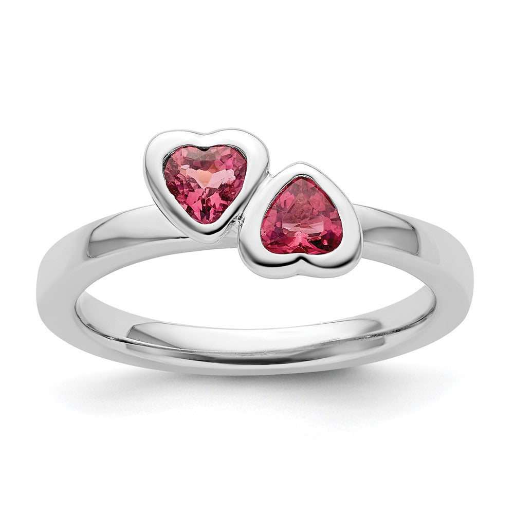 Sterling Silver Stackable Expressions Pink Tourmaline Double Heart Ring