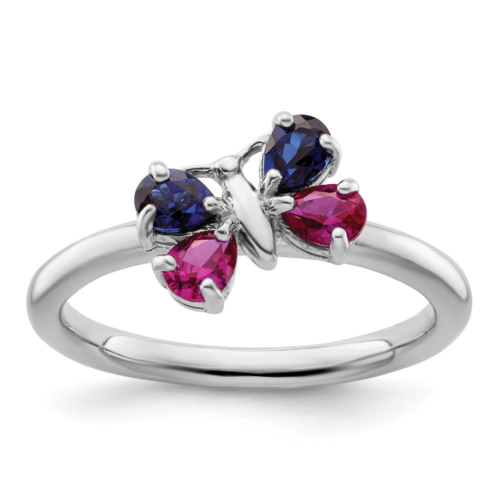 Sterling Silver Stackable Expressions Cr Ruby & Cr Sapphire Butterfly Ring