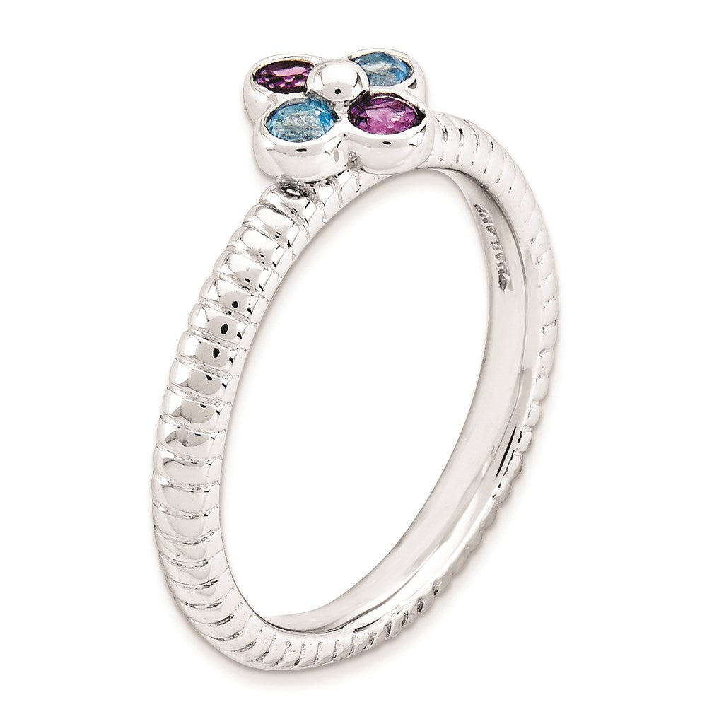 Sterling Silver Stackable Expressions Blue Topaz & Amethyst Flower Ring