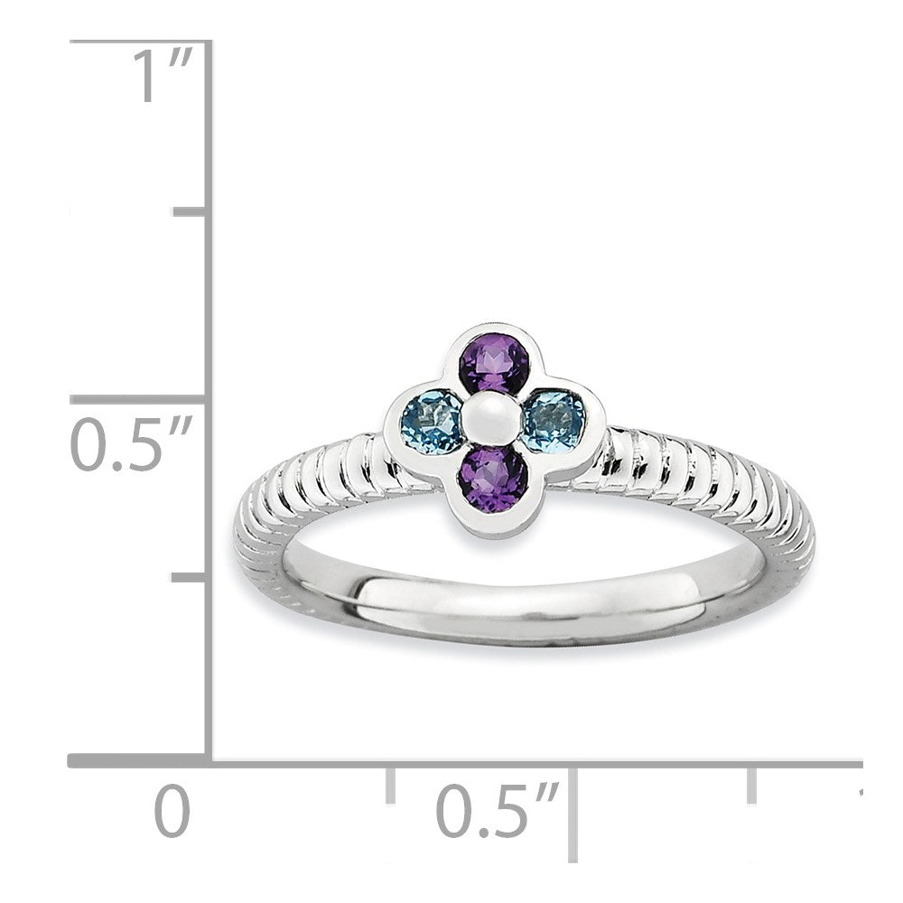 Sterling Silver Stackable Expressions Blue Topaz & Amethyst Flower Ring