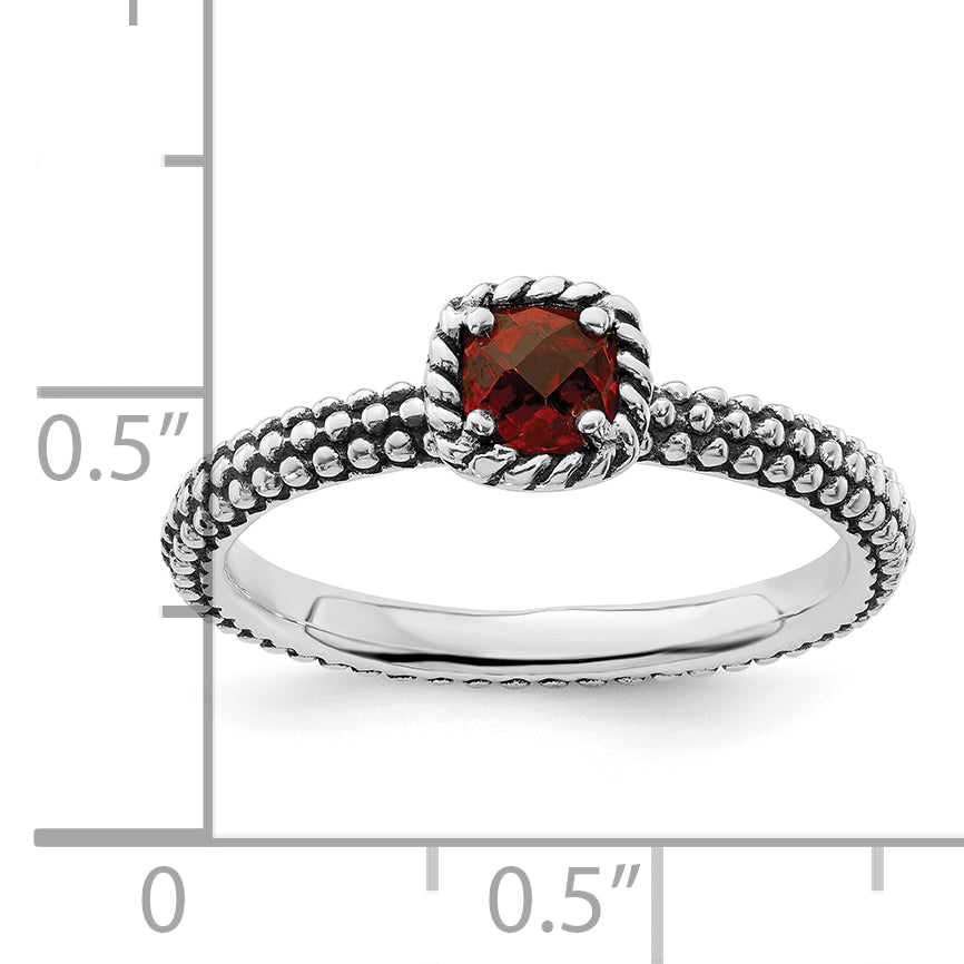 Sterling Silver Stackable Expressions Checker-cut Garnet Antiqued Ring